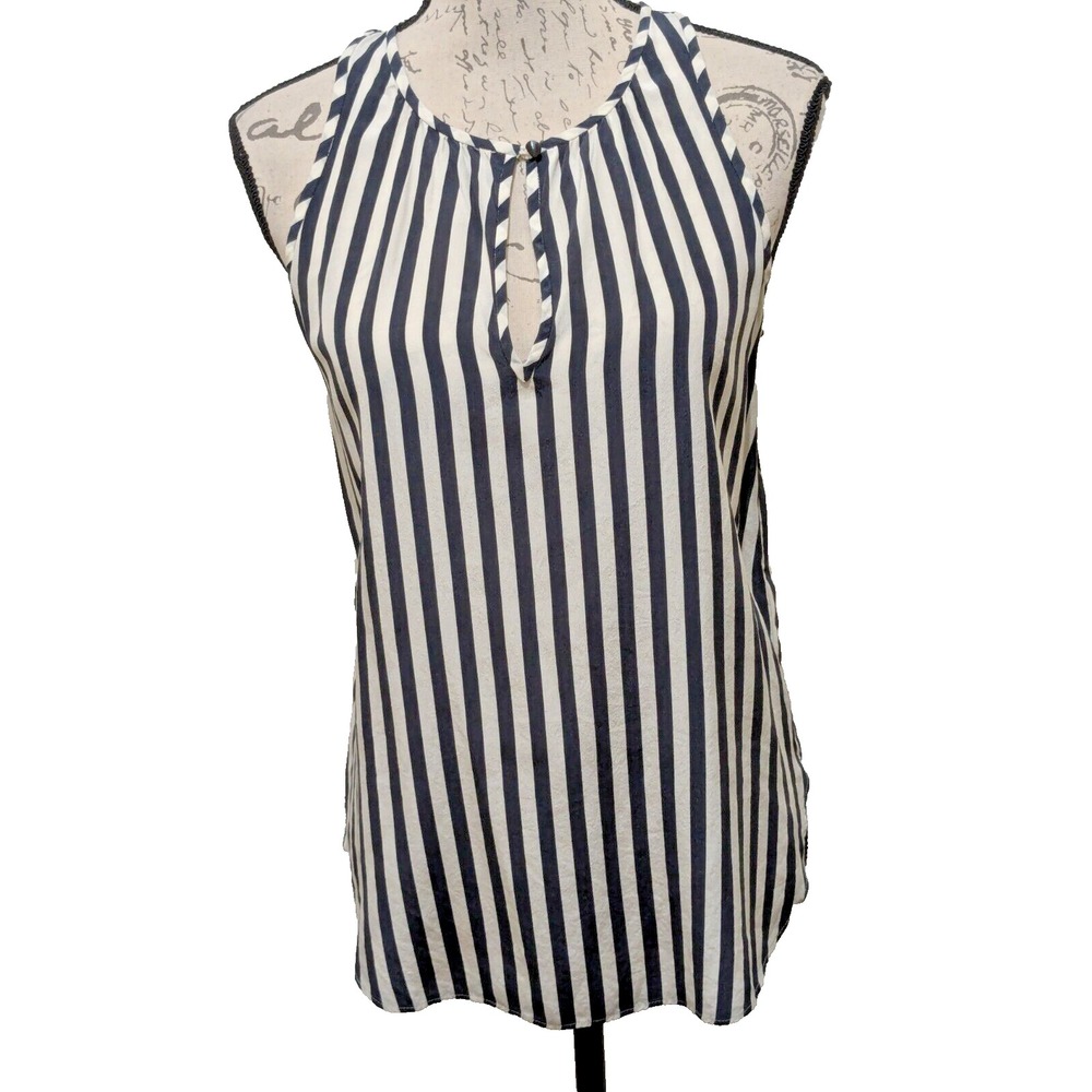 J. CREW Blouse 4 100% Silk  Navy White Stripe Nautical  Keyhole Button Front